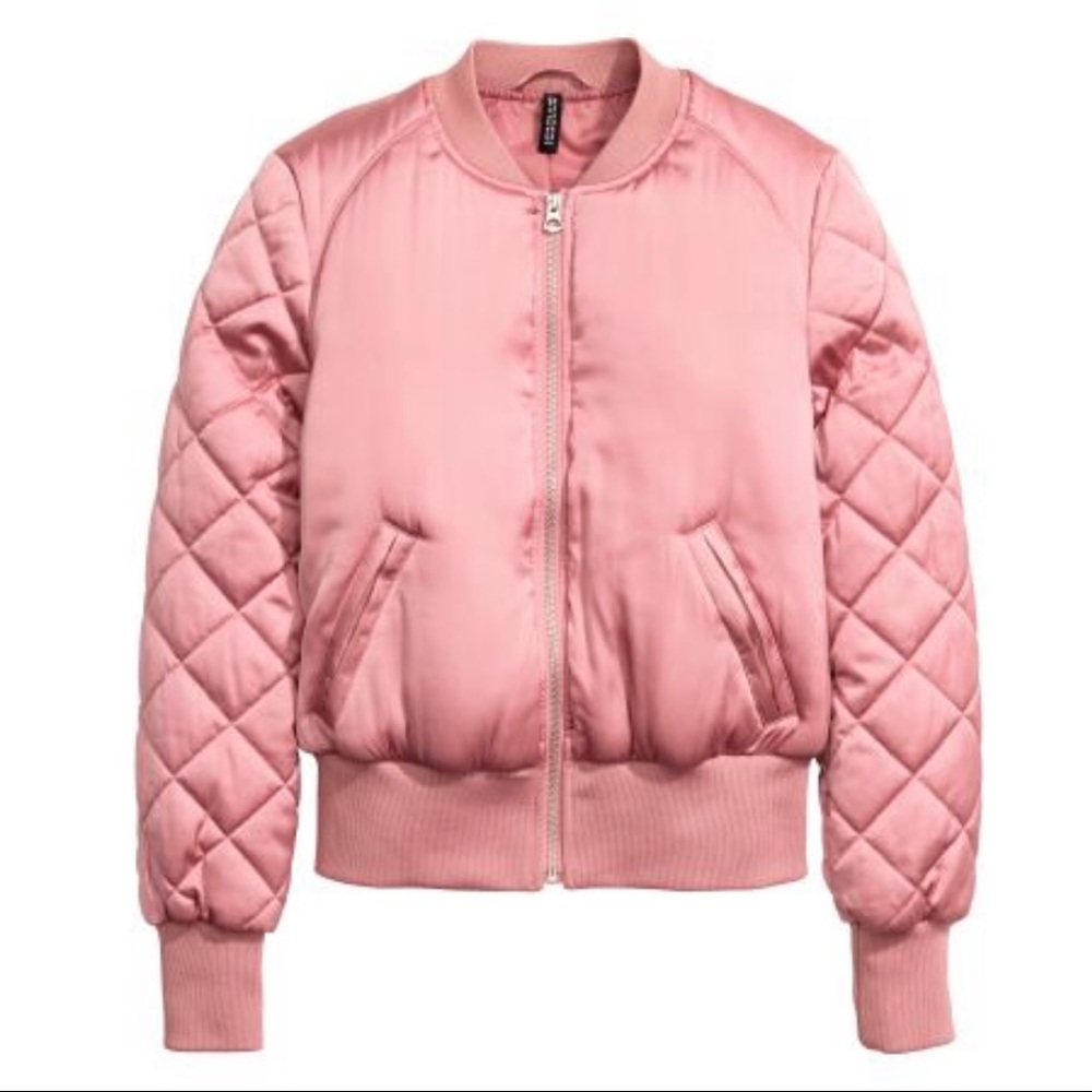 H&M quilted satin bomber jacket in pink